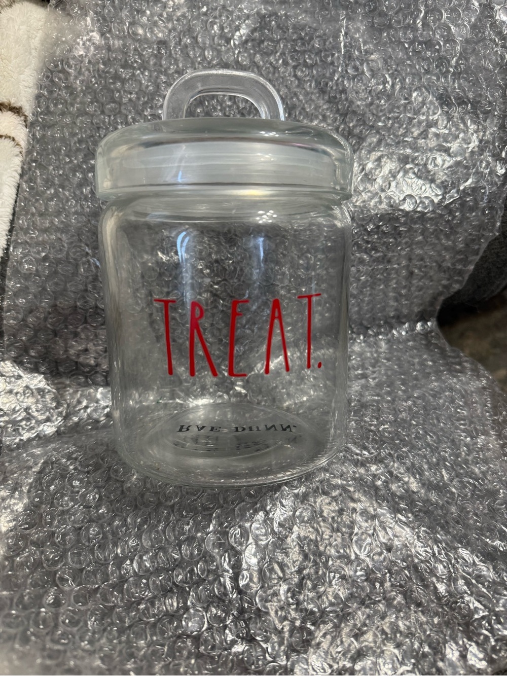 Rae Dunn Clear Glass 'TREAT.' Jar with Red Lettering